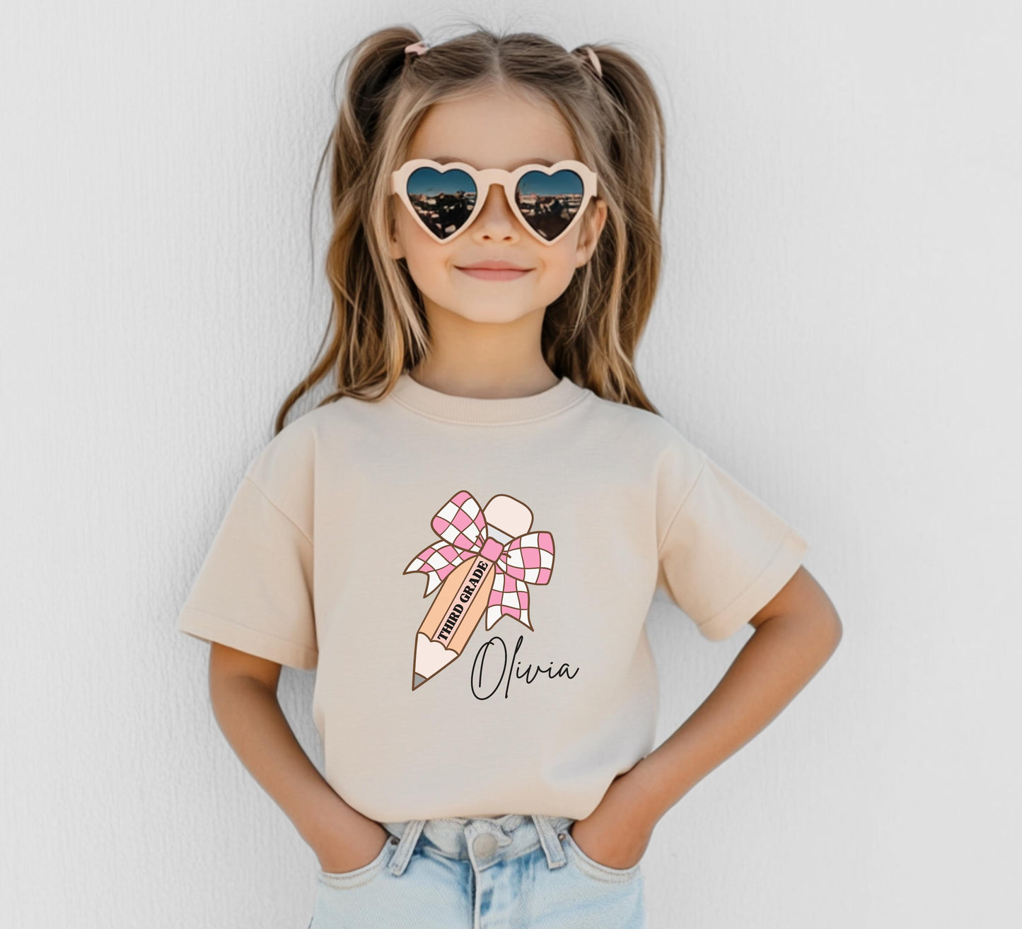 Personalized Name Girls Back to School Shirt: Custom Pencil Bow Kids Tee