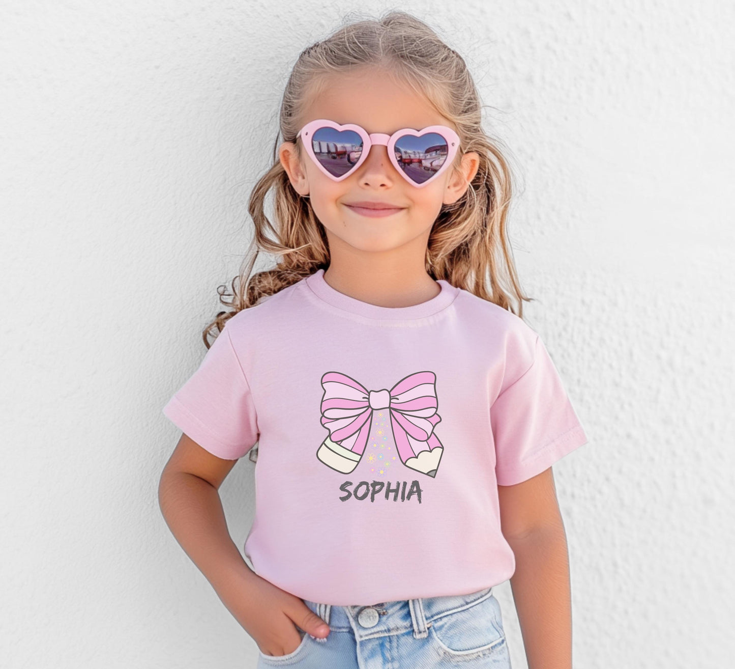 Personalized Name Girls Back to School Shirt: Custom Pencil Bow Kids First Day of School Outfit