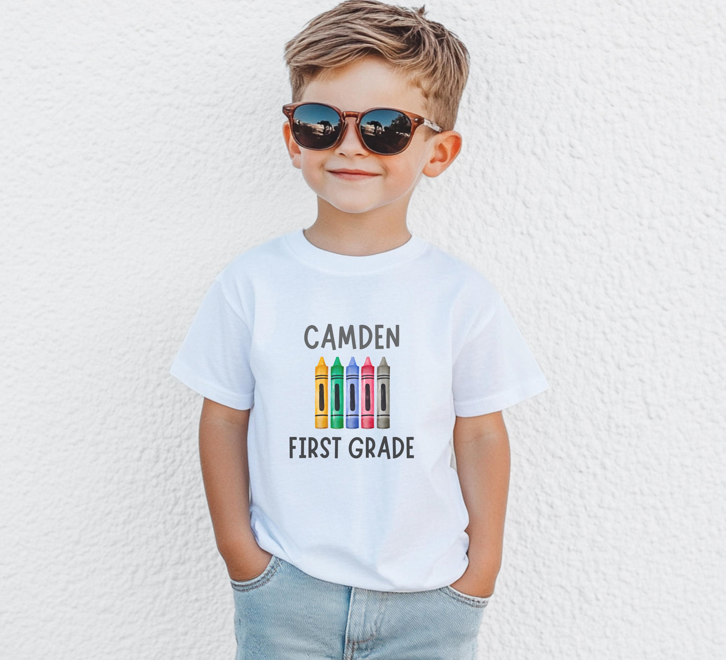 Personalized Girls Boys Back to School Crayon Name Shirt: Custom Name Kindergarden T-Shirt First Day of School Tee