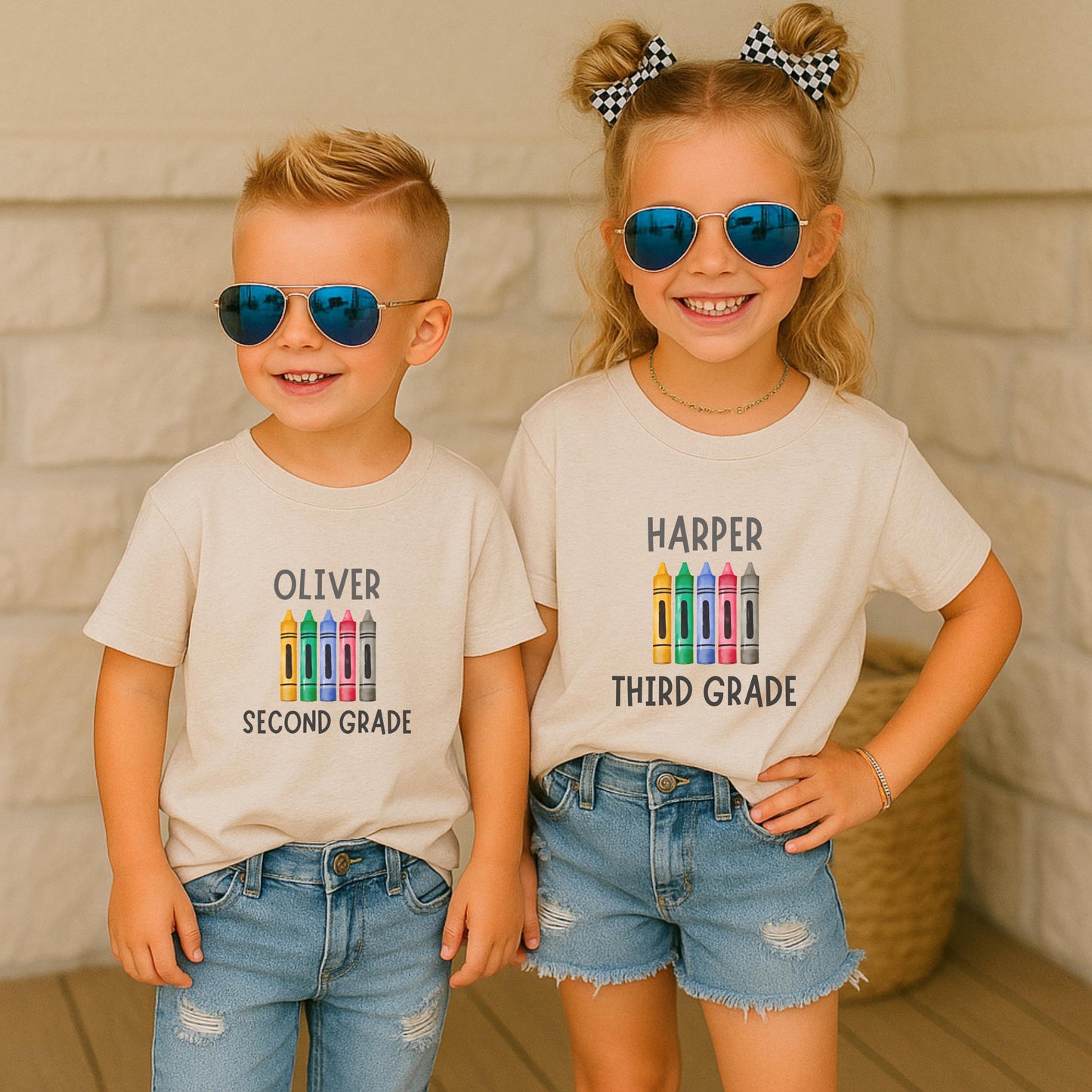 Personalized Girls Boys Back to School Crayon Name Shirt: Custom Name Kindergarden T-Shirt First Day of School Tee