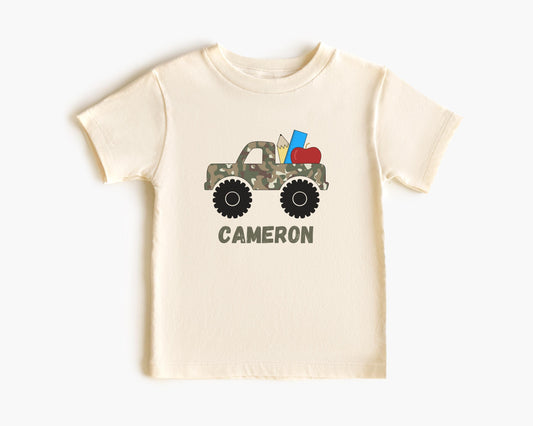 Personalized Camouflage Monster Truck Shirt: Back to School Kids Tee