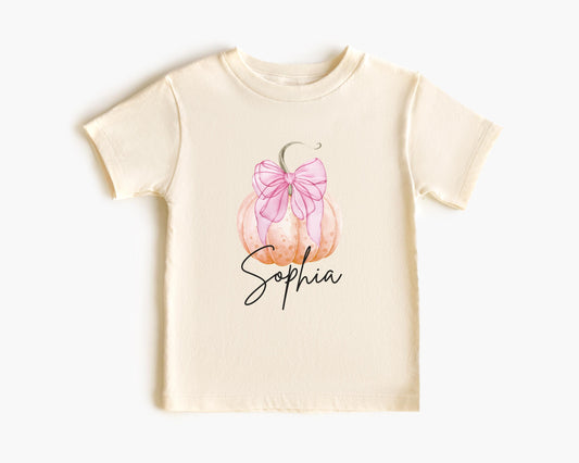 Personalized Girls Pumpkin Shirt: Custom Pink Coquette Bow Fall Themed Outfit