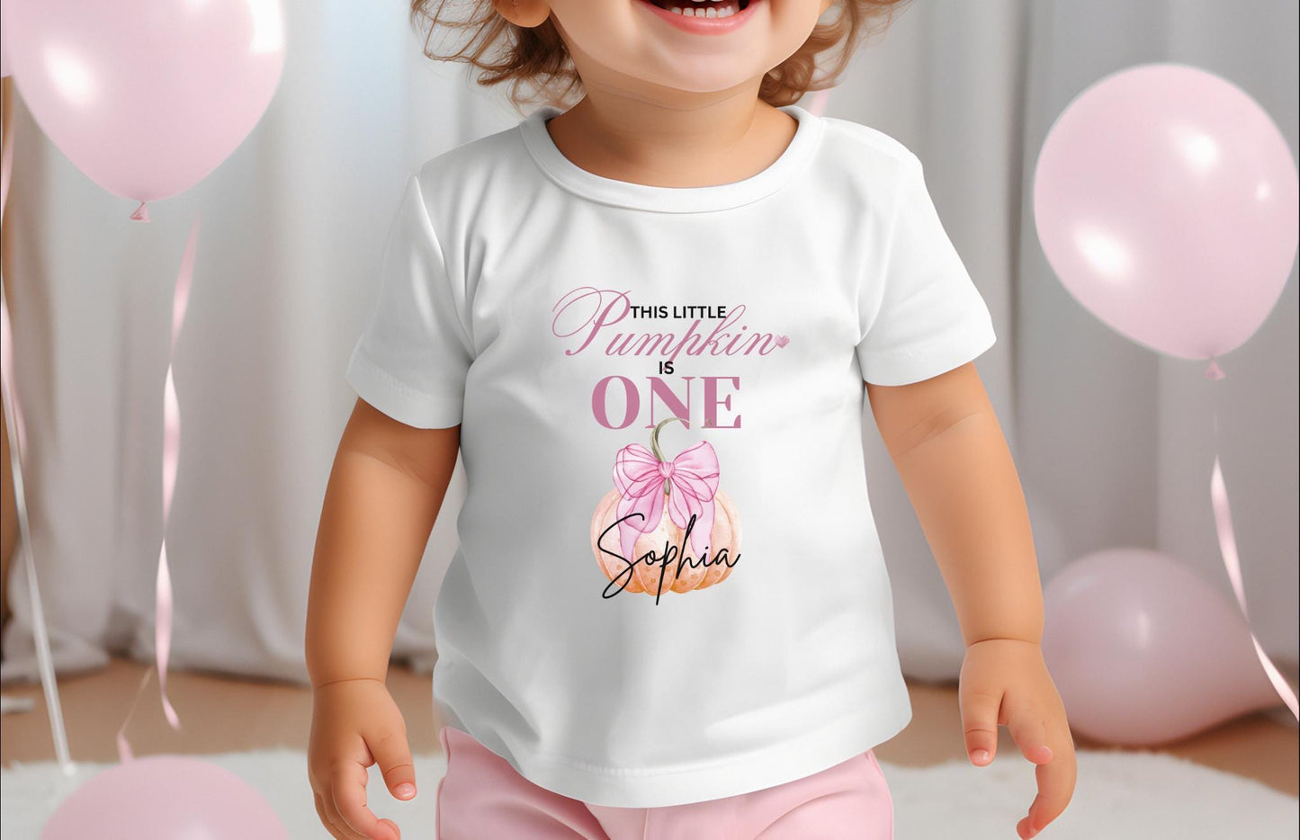 Personalized Coquette Bow Pumpkin First Birthday Shirt: Custom Fall Themed 1st Birthday Party Outfit