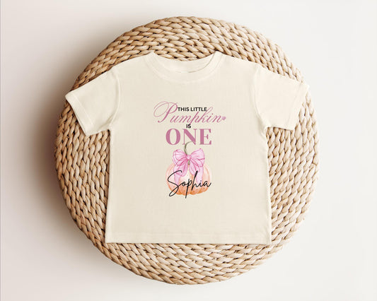 Personalized Coquette Bow Pumpkin First Birthday Shirt: Custom Fall Themed 1st Birthday Party Outfit