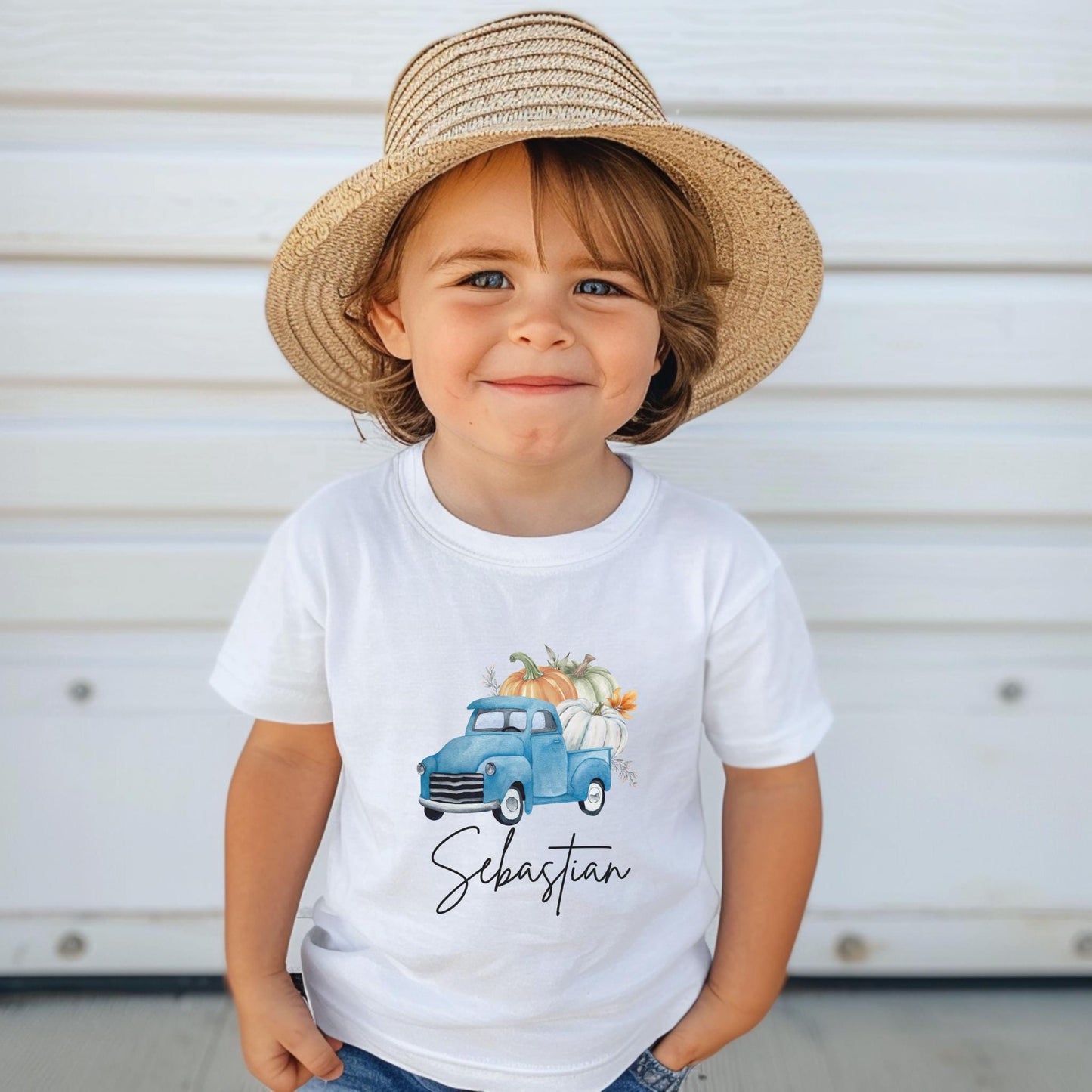 Personalized Fall Pumpkin Blue Truck Shirt: Custom Pumpkin Patch Outfit for Boys
