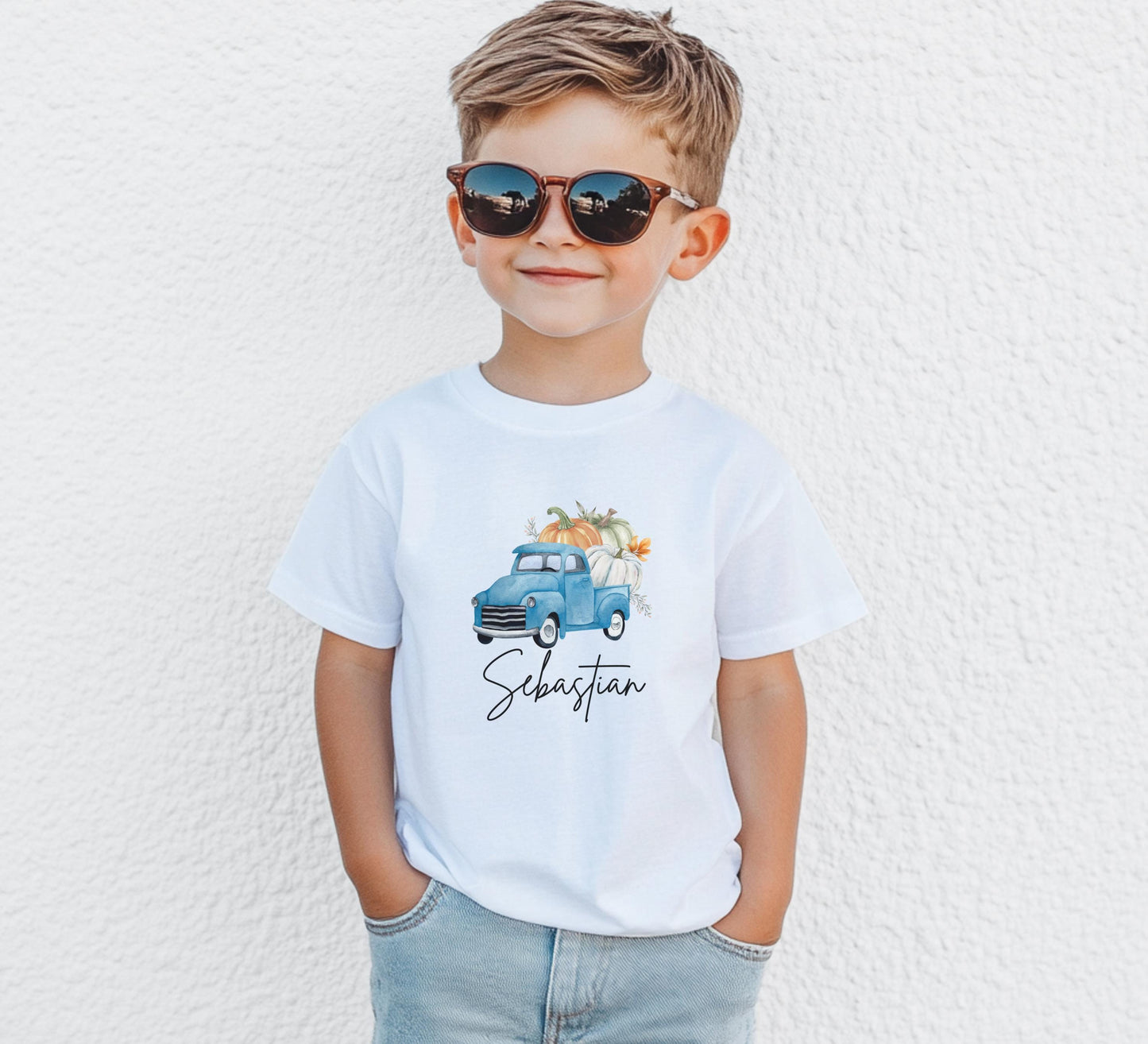 Personalized Fall Pumpkin Blue Truck Shirt: Custom Pumpkin Patch Outfit for Boys