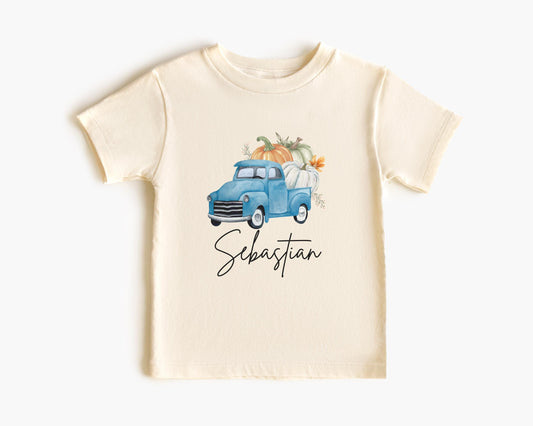 Personalized Fall Pumpkin Blue Truck Shirt: Custom Pumpkin Patch Outfit for Boys