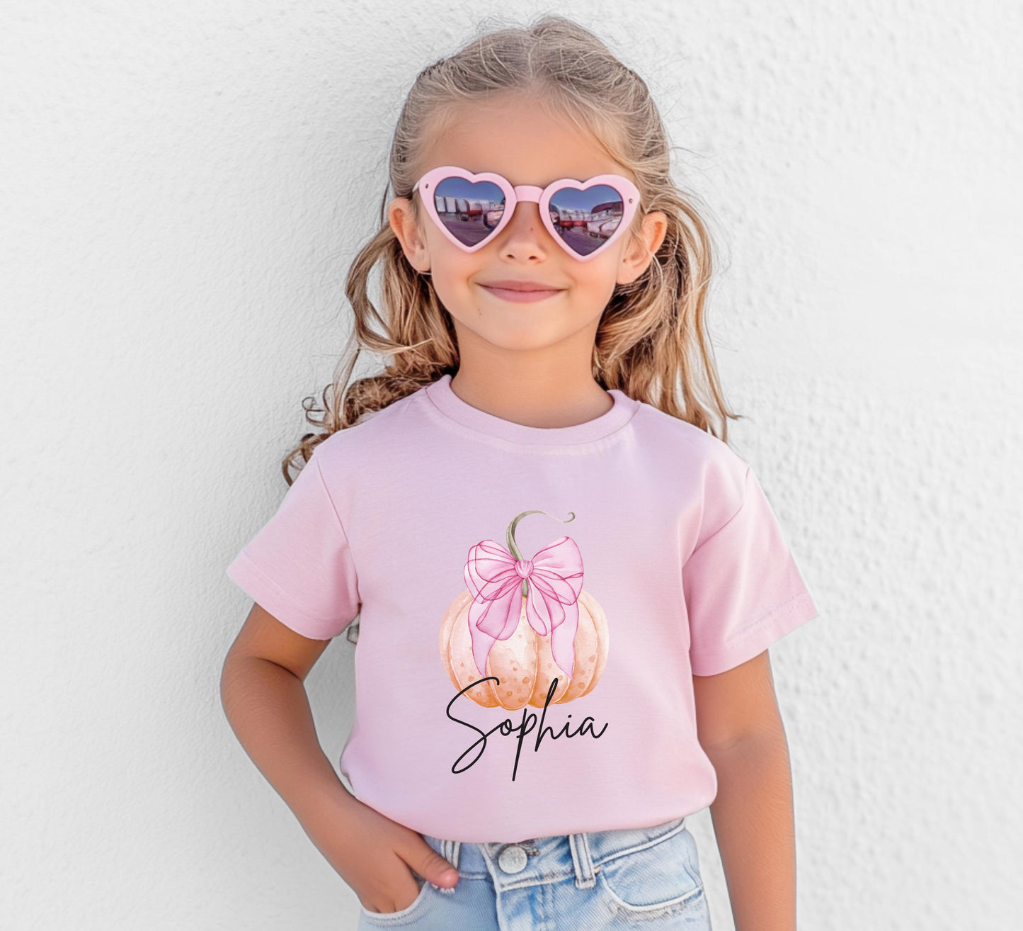 Personalized Girls Pumpkin Shirt: Custom Pink Coquette Bow Fall Themed Outfit