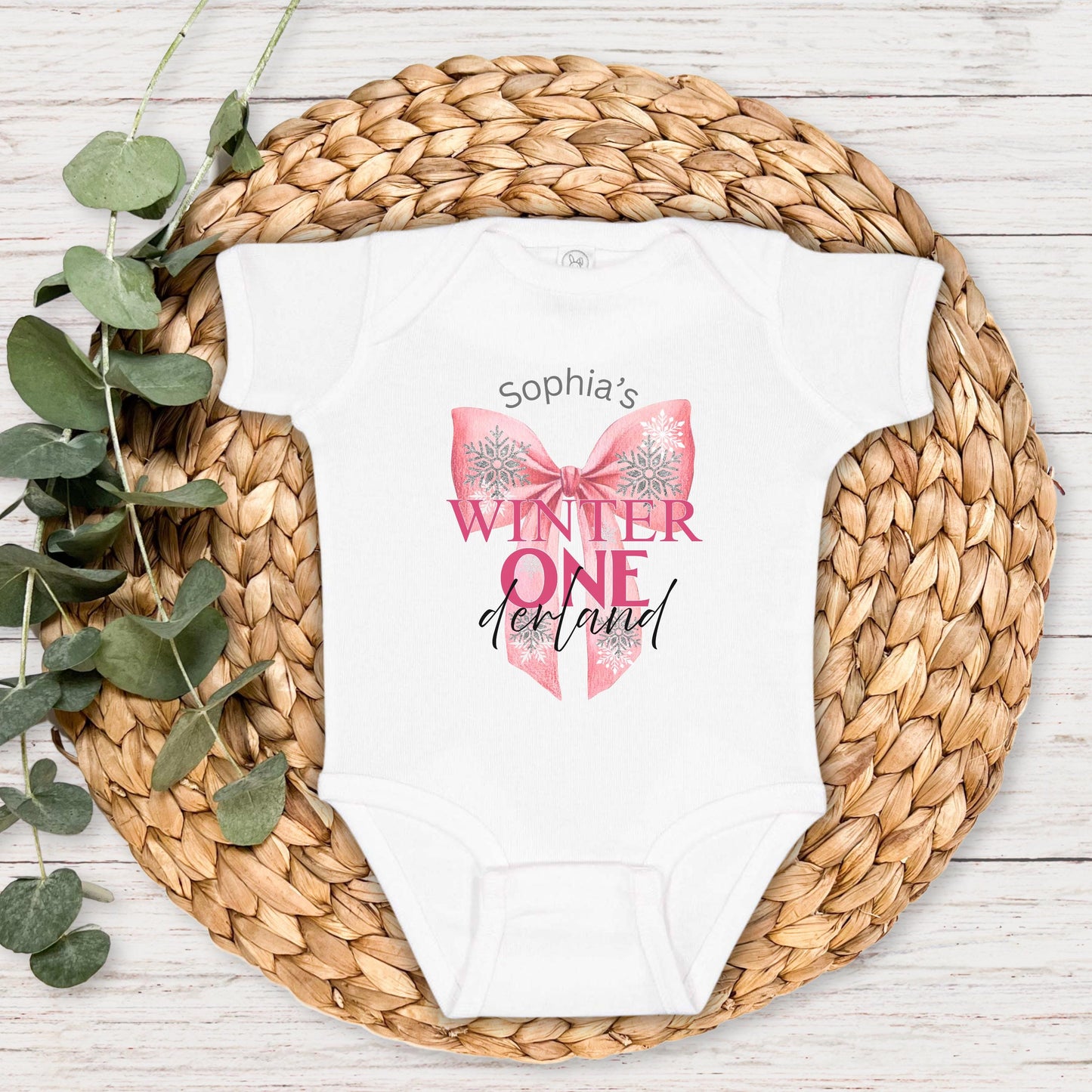 Personalized Pink Bow Winter Wonderland First Birthday Shirt: 1st Christmas Birthday Party Outfit for Girls