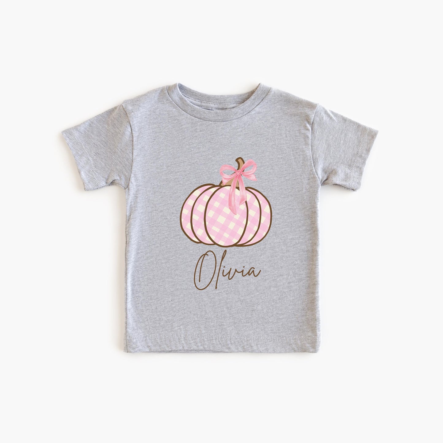 Personalized Girls Pumpkin Shirt: Custom Pink Plaid Coquette Bow Fall Themed Outfit