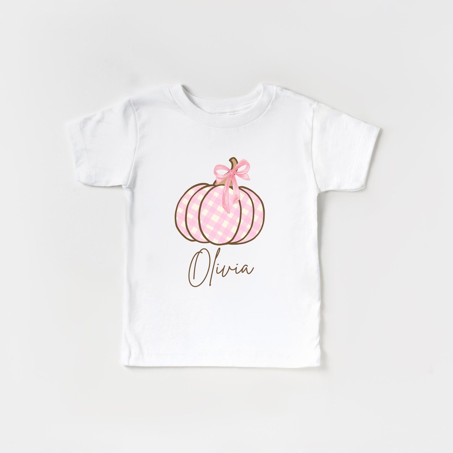 Personalized Girls Pumpkin Shirt: Custom Pink Plaid Coquette Bow Fall Themed Outfit