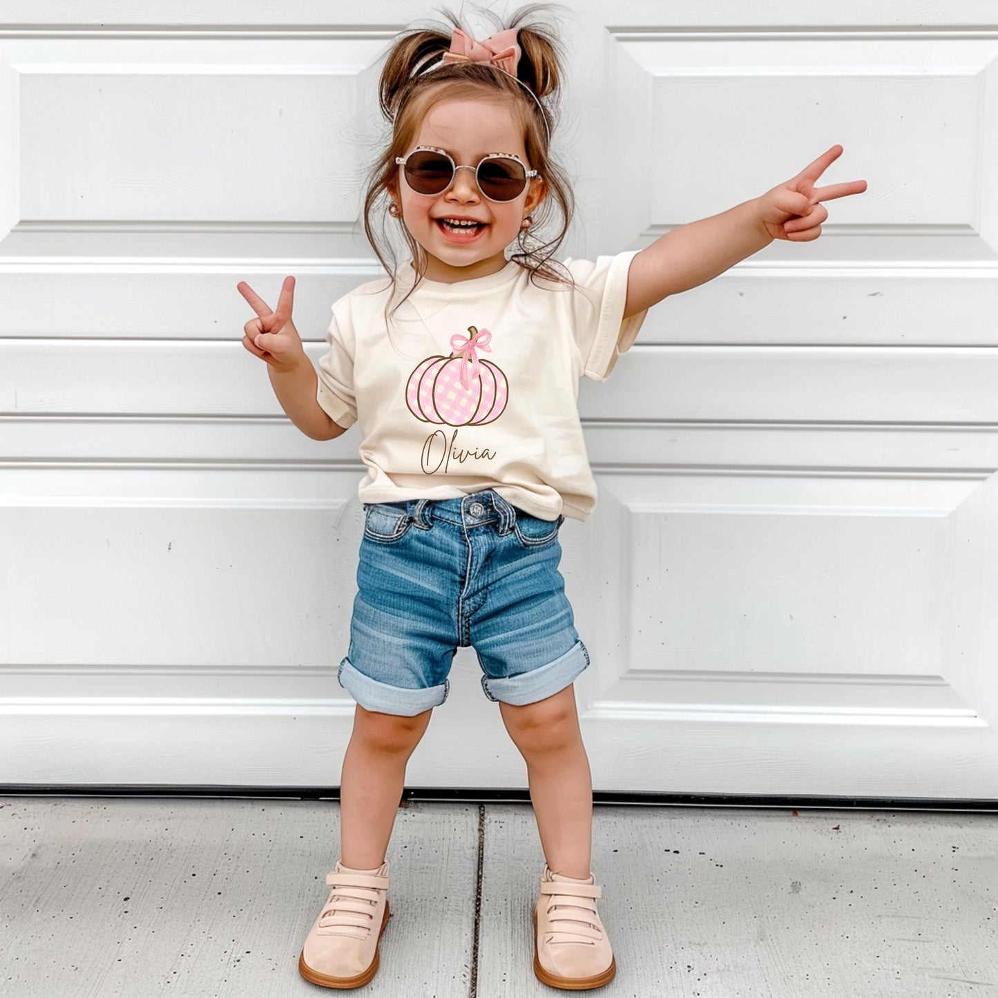 Personalized Girls Pumpkin Shirt: Custom Pink Plaid Coquette Bow Fall Themed Outfit