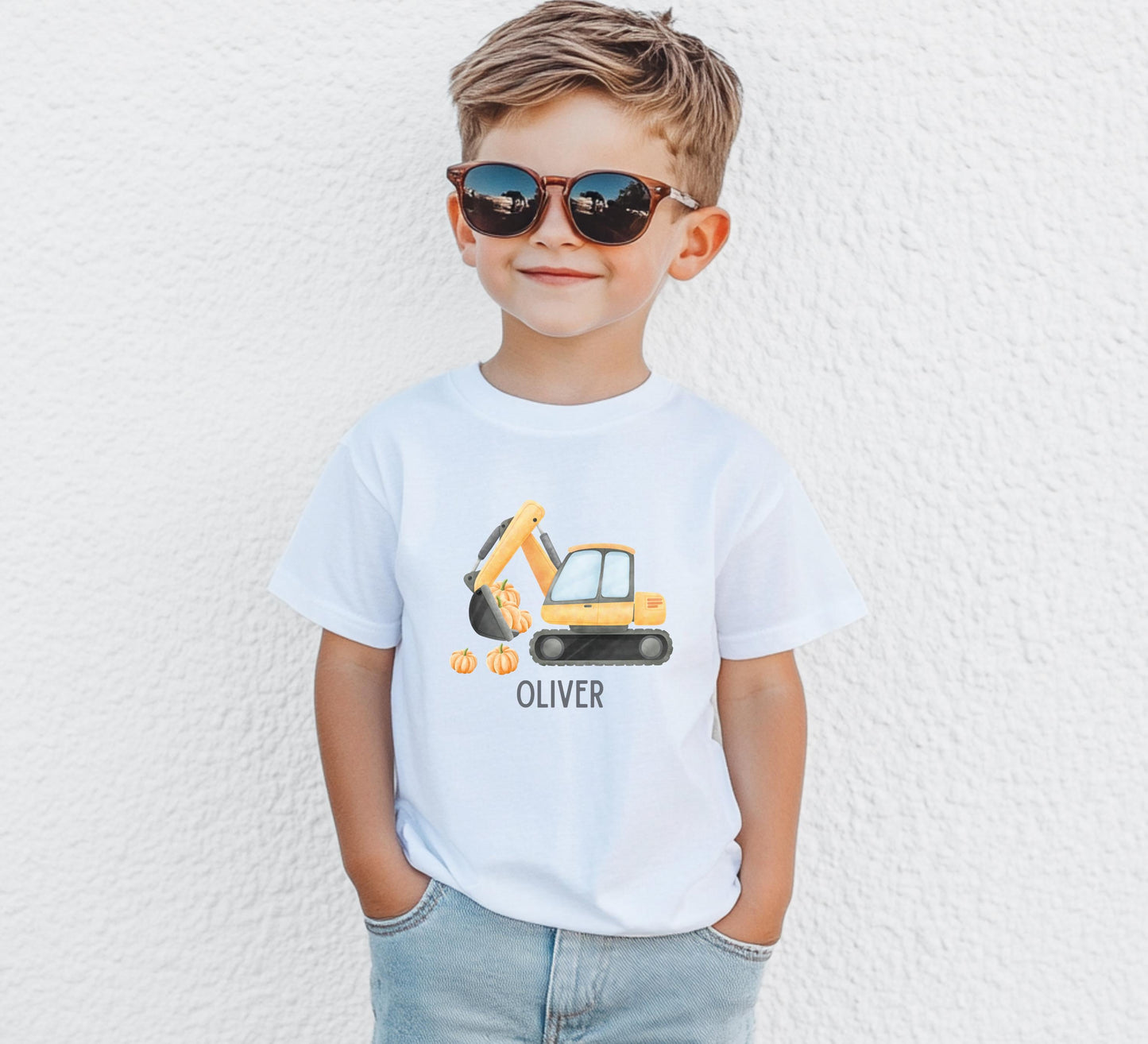 Personalized Boys Excavator Construction Pumpkin Patch Shirt: Custom Fall Halloween Gift for Kids