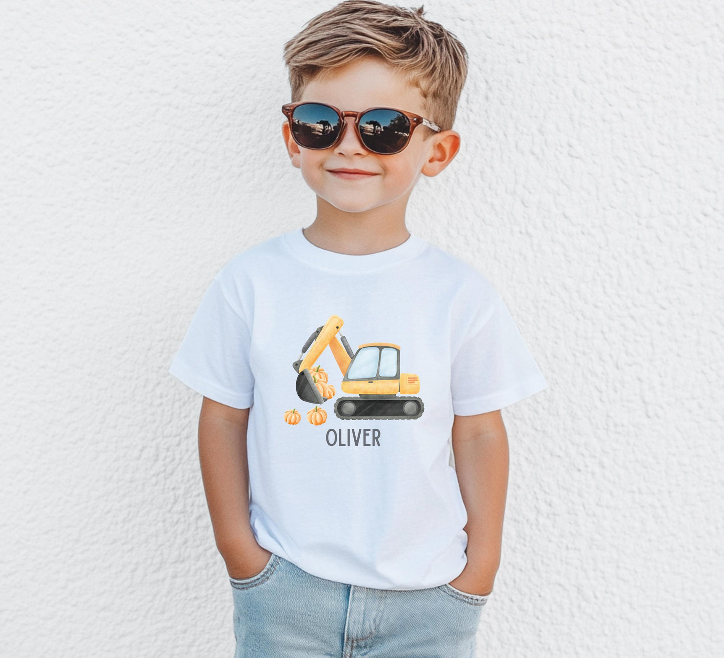 Personalized Boys Excavator Construction Pumpkin Patch Shirt: Custom Fall Halloween Gift for Kids