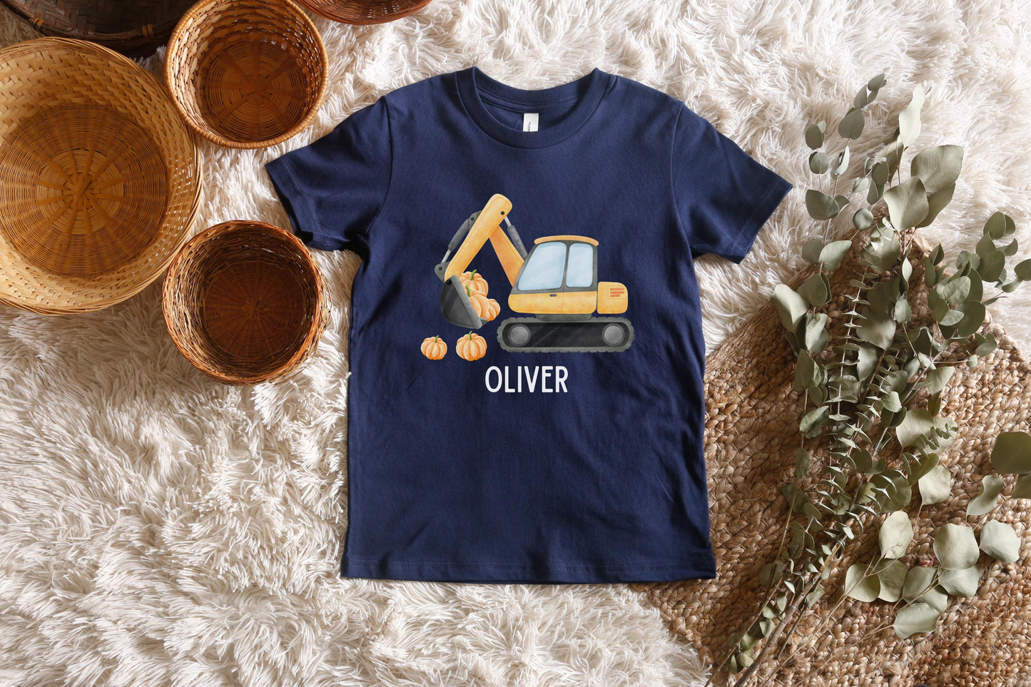 Personalized Boys Excavator Construction Pumpkin Patch Shirt: Custom Fall Halloween Gift for Kids