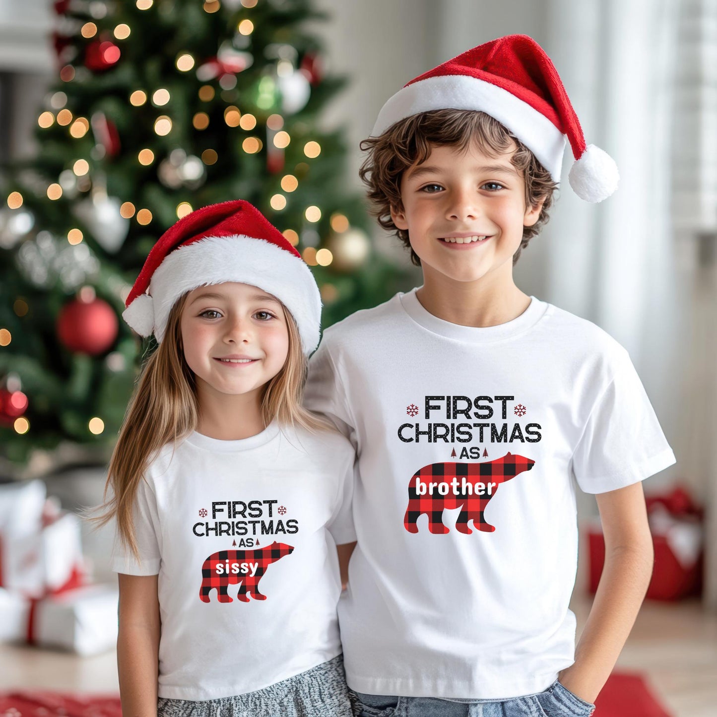 Buffalo Plaid Bear First Christmas Shirts: Personalized 1st Christmas Family Matching Tee