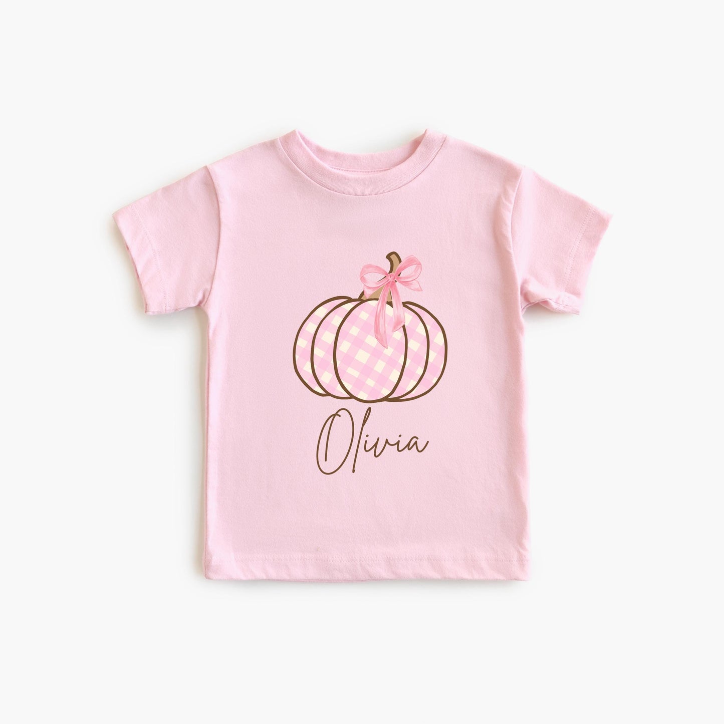 Personalized Girls Pumpkin Shirt: Custom Pink Plaid Coquette Bow Fall Themed Outfit