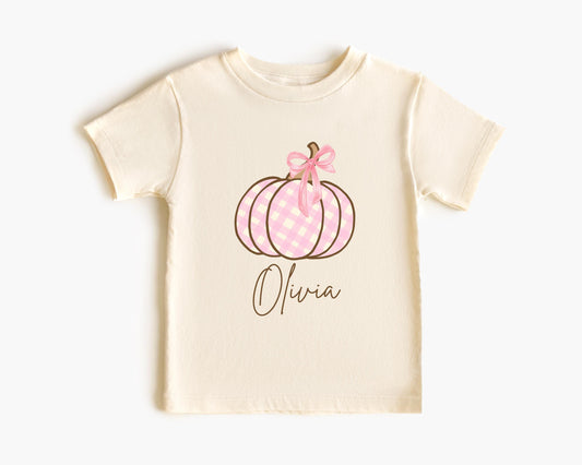 Personalized Girls Pumpkin Shirt: Custom Pink Plaid Coquette Bow Fall Themed Outfit