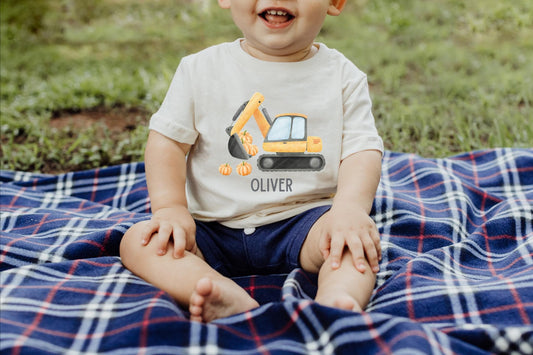 Personalized Boys Excavator Construction Pumpkin Patch Shirt: Custom Fall Halloween Gift for Kids